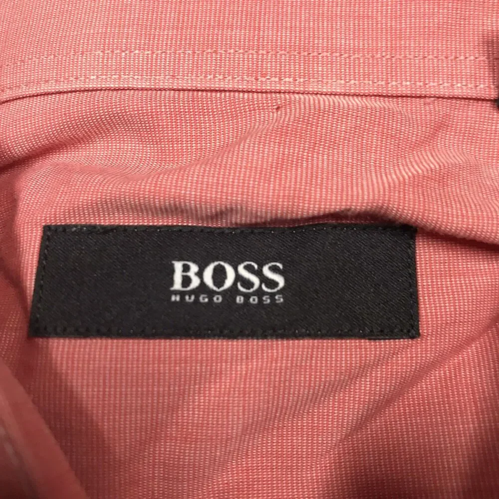 HUGO BOSS Enzo Shirt Men L 16-1/2 34/35 Watermelon Pink Prep Casual Tabby Weave